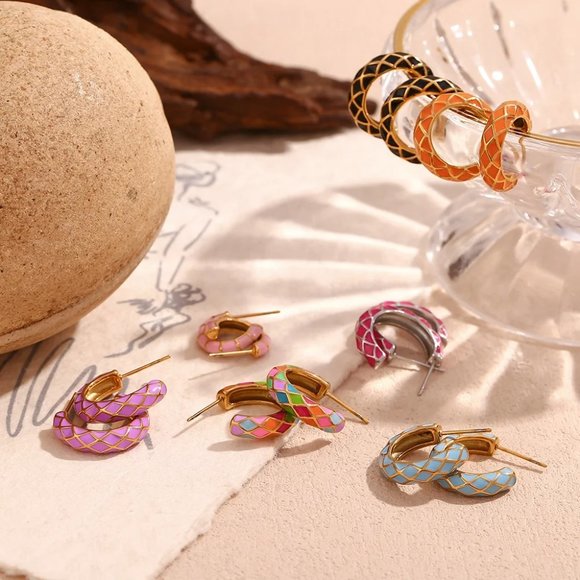 Multi Color Geometric Pattern Hoop Earrings 18K Gold Plated Stainless - Picture 7 of 7